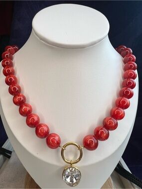 Red Beaded Necklace with Gold Ring and Crystal Drop NWOT